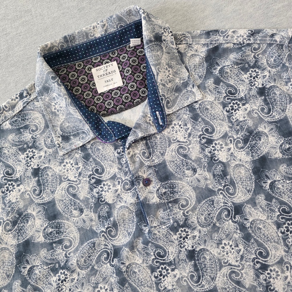 Society of Threads Mens 3XLT Polo Shirt Blue White Paisley Stretch Comfort Fit
